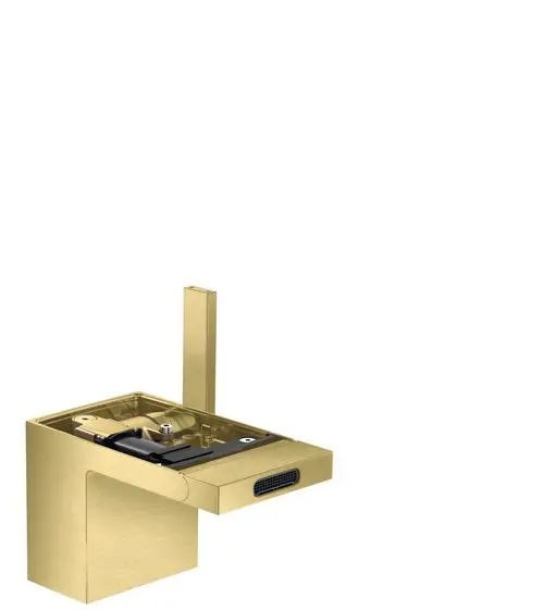 Bidetmischer in gebürstetem Messing von AXOR, ausgestattet mit Push-Open Ablaufgarnitur. Klare Linienführung und modernes Design.